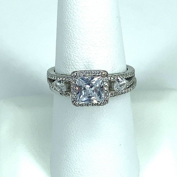 925 SS Square Pear Cubic Zirconia Ring & Band 10 - Picture 1 of 7